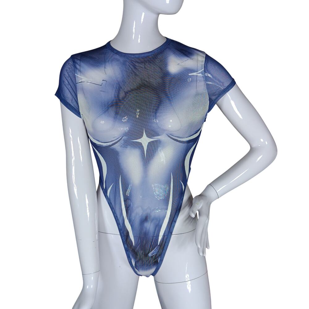 Superhero Bodysuit Mesh See Thru Size Medium Blue Short Sleeves Snap Buttons